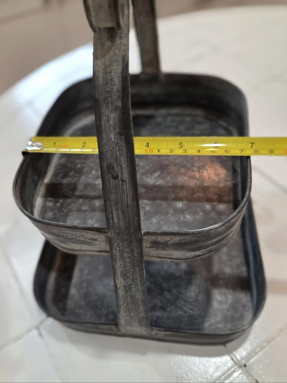 Galvanized Metal 2 Tiered Square Serving Tray Farmhouse Country Wooden Handled